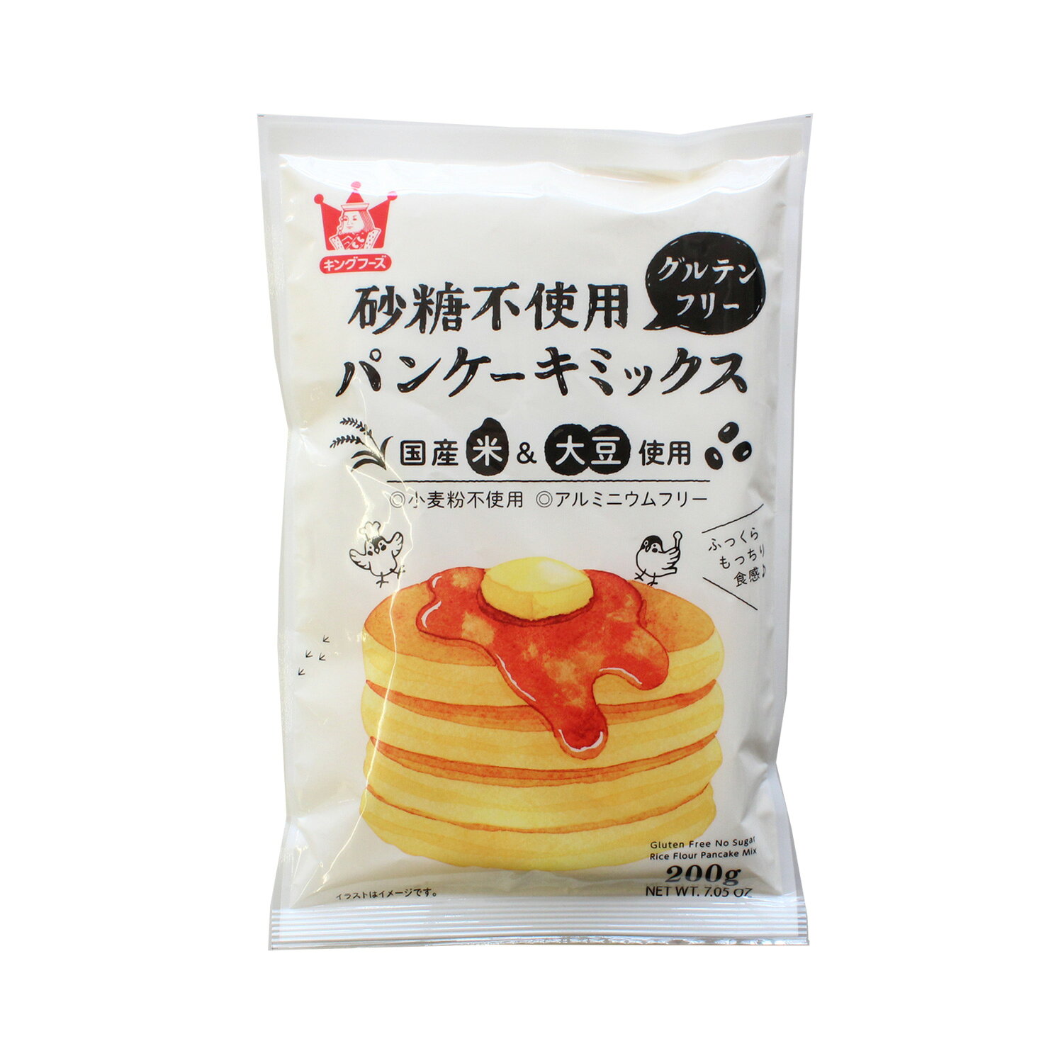 ■商品について 国産の米粉・大豆粉を使用したグルテン・アルミニウムフリーなパンケーキミックス。 砂糖不使用で、原材料には米粉・大豆粉・食塩・ベーキングパウダーと、シンプルな配合にこだわりました。砂糖不使用なのでお食事パンケーキにもおすすめです！ &nbsp; 名称 パンケーキミックス粉 内　容　量 200g 原　材　料 うるち米(国産)、大豆(北海道産)(遺伝子組換えでない)、食塩／ベーキングパウダー 保存方法 直射日光、高温多湿を避けて保存 使用上の注意 開封後はなるべく早くお使い下さい。 配送方法 常温・冷蔵 原産国 日本 賞味期限 配送時より30日以上