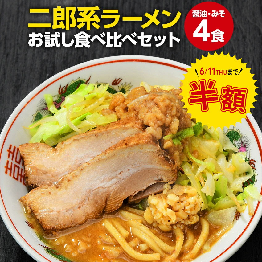 【スーパーセール 半額！〜6/11】二郎系 ラーメン 送料無料 ≪醤油＆味噌 食べ比べ お試し・4食セット≫ メール便 二郎系インスパイア 次郎系 ラーメン オーション麺 極太麺 背油 とんこつ お取り寄せ 生麺