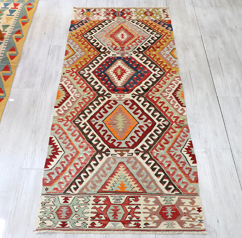 【15%OFFクーポン対象】オールドキリム　アイドゥン　細長ランナー218×81cm複雑に入り組んだ爪を持つドラゴンモチーフ