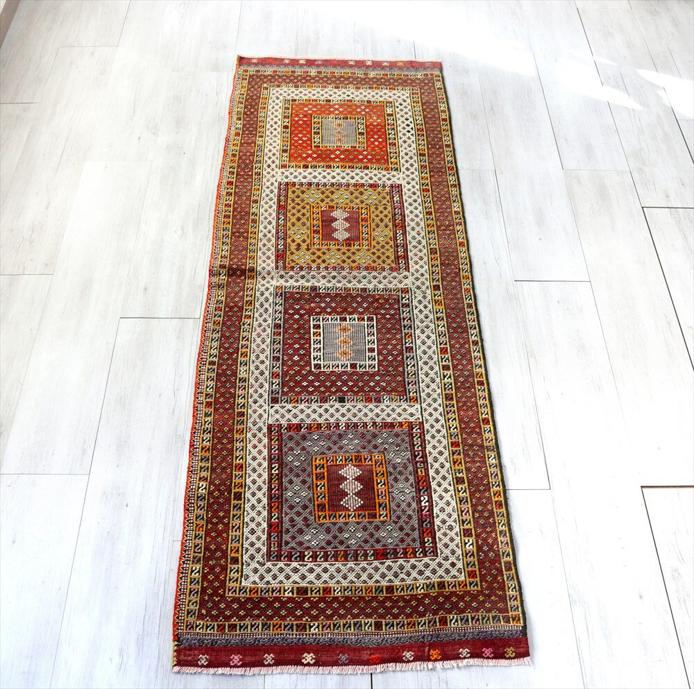 【15%OFFクーポン対象】オールドキリム フェティエ　ランナー228×79cm一面ジジムのタイルデザイン