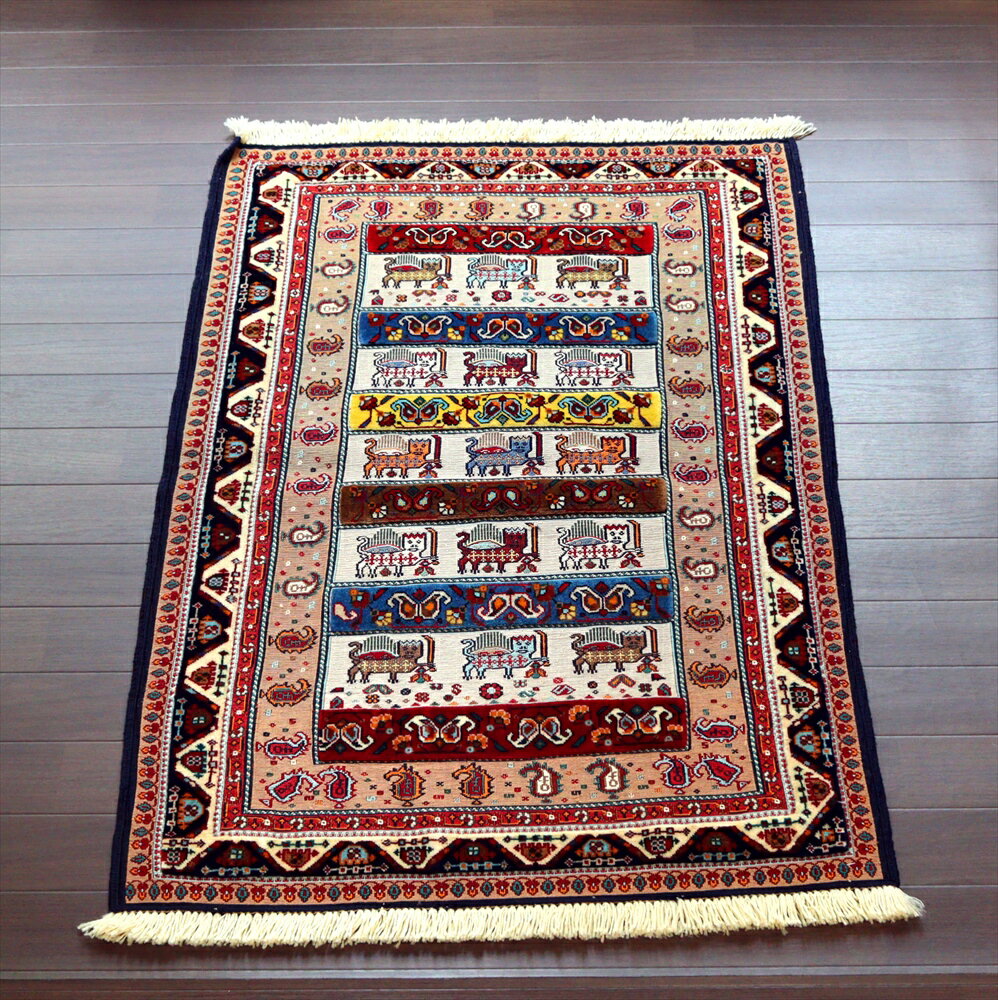 【15%OFFクーポン対象】スマックキリム・シルジャン118×82cmサーベルを持ったライオン　刺繍のような細かな織り