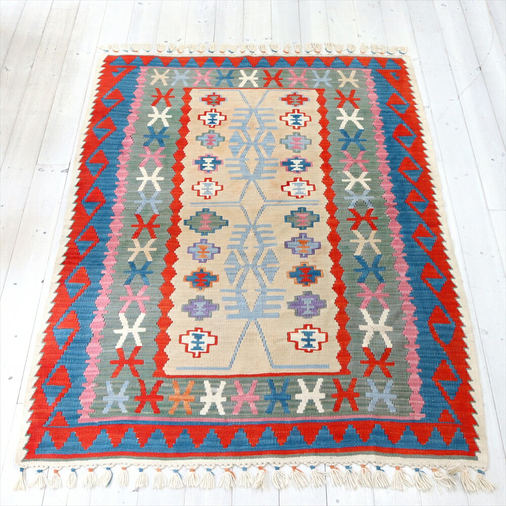 【15%OFFクーポン対象品】トルコ手織りキリム・セッヂャーデ160×118cm翼を広げた鳥のモチーフ