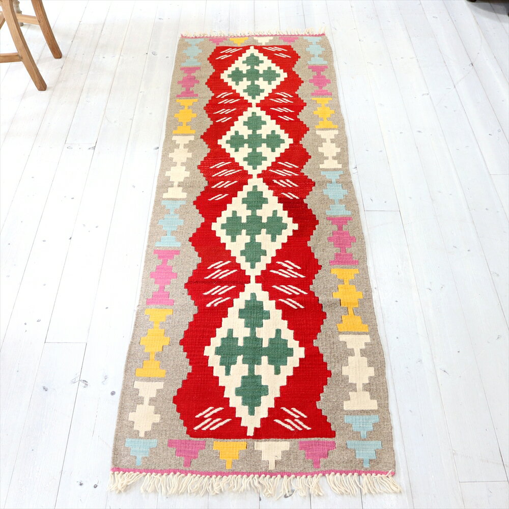 【15%OFFクーポン対象】カイセリ・トルコ手織りキリム　ランナー200×64cm4つのダイヤ