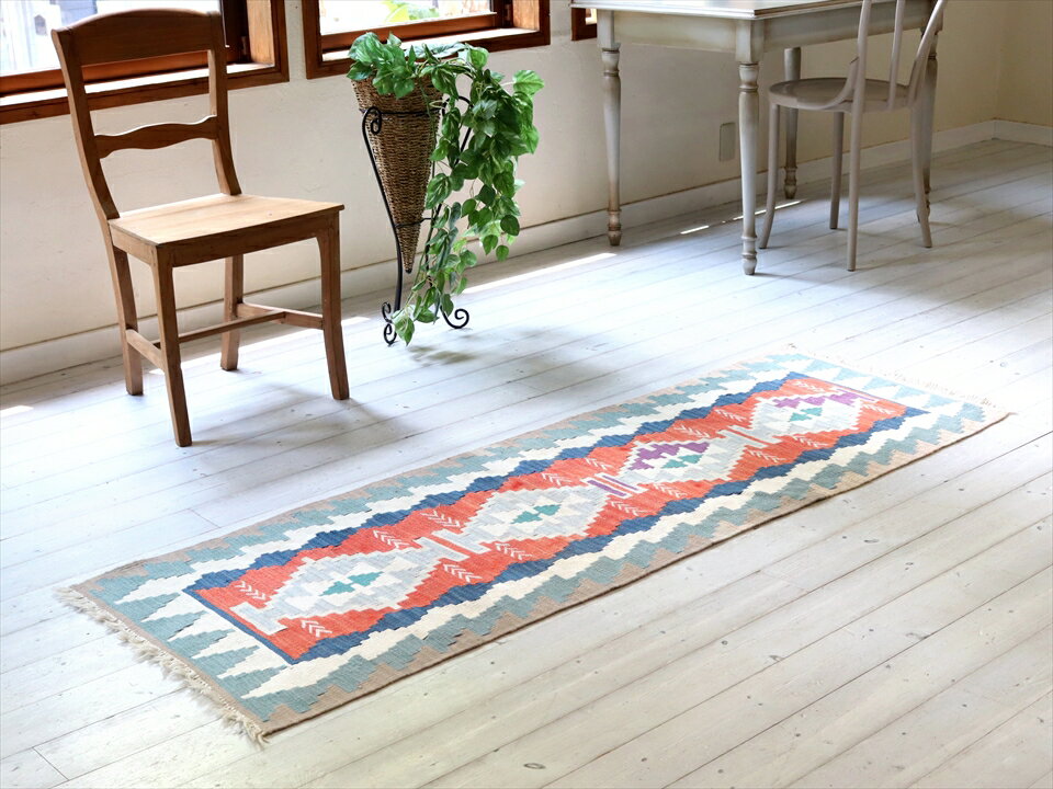 【15%OFFクーポン対象品】トルコの手織りキリム カイセリ184×63cmベレケットと麦の穂のモチーフ