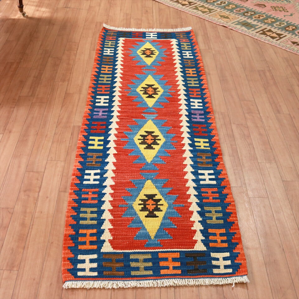 手織りキリムラグ ウール100% トルコ カイセリ産193×60cm 細長ランナー　/レッド/ブルー
