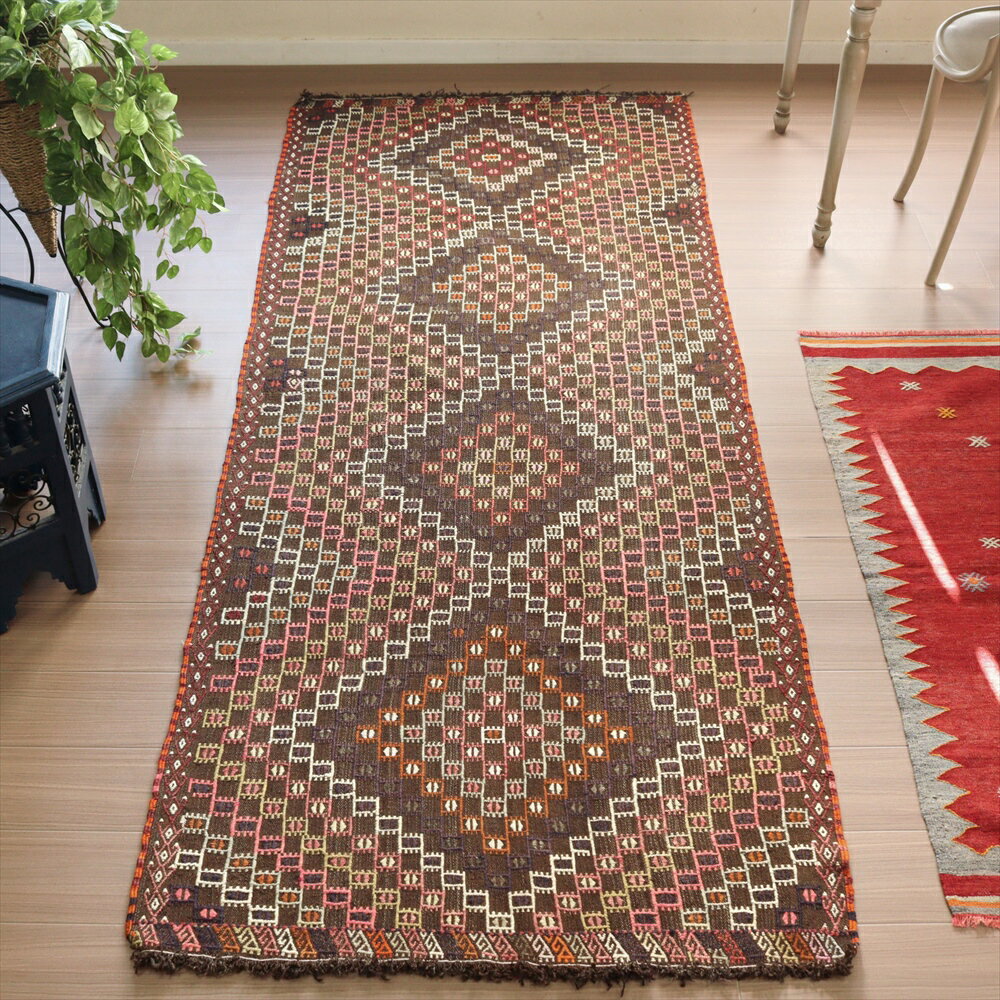 【15%OFFクーポン対象】オールドキリム コンヤ/カリヨラ244×103cmダークブラウンにカラフルなダイヤのジジム