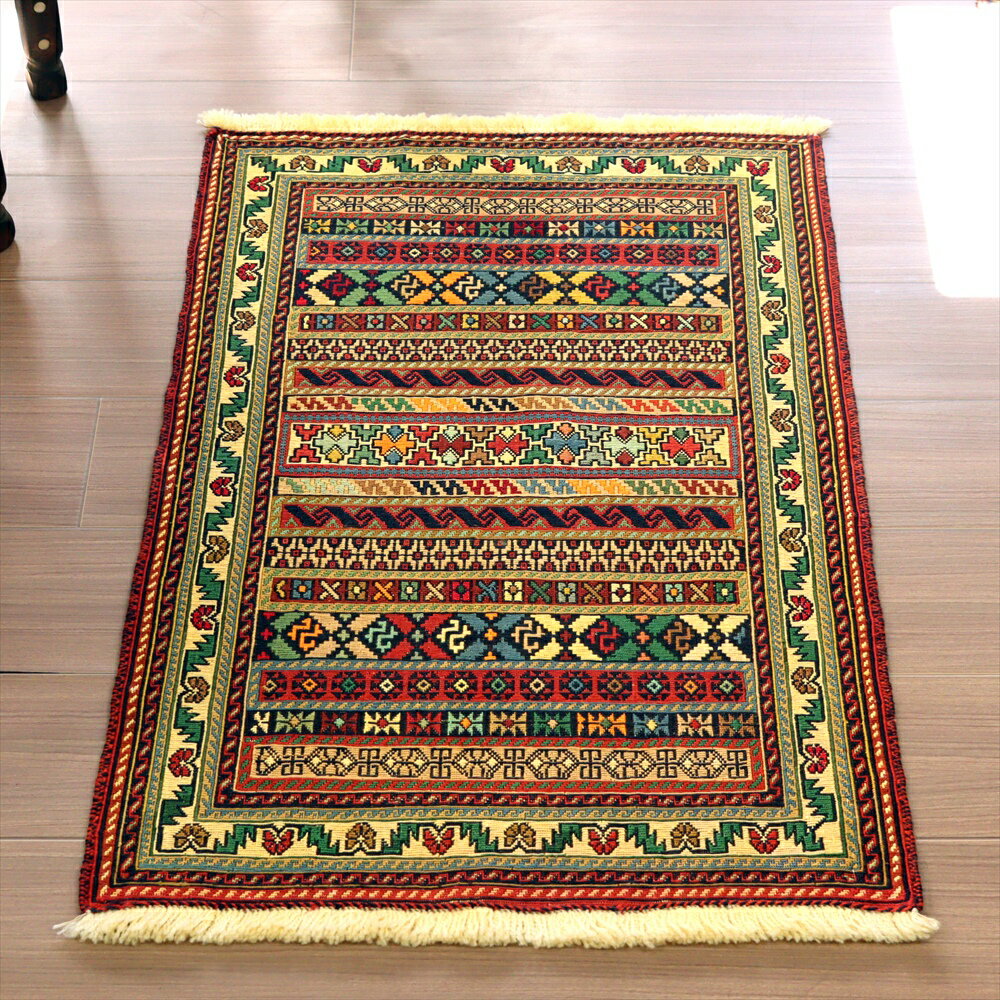 スマックキリム・シルジャン88×59cmラフラ・幾何学模様のボーダー　刺繍のような細かな織り