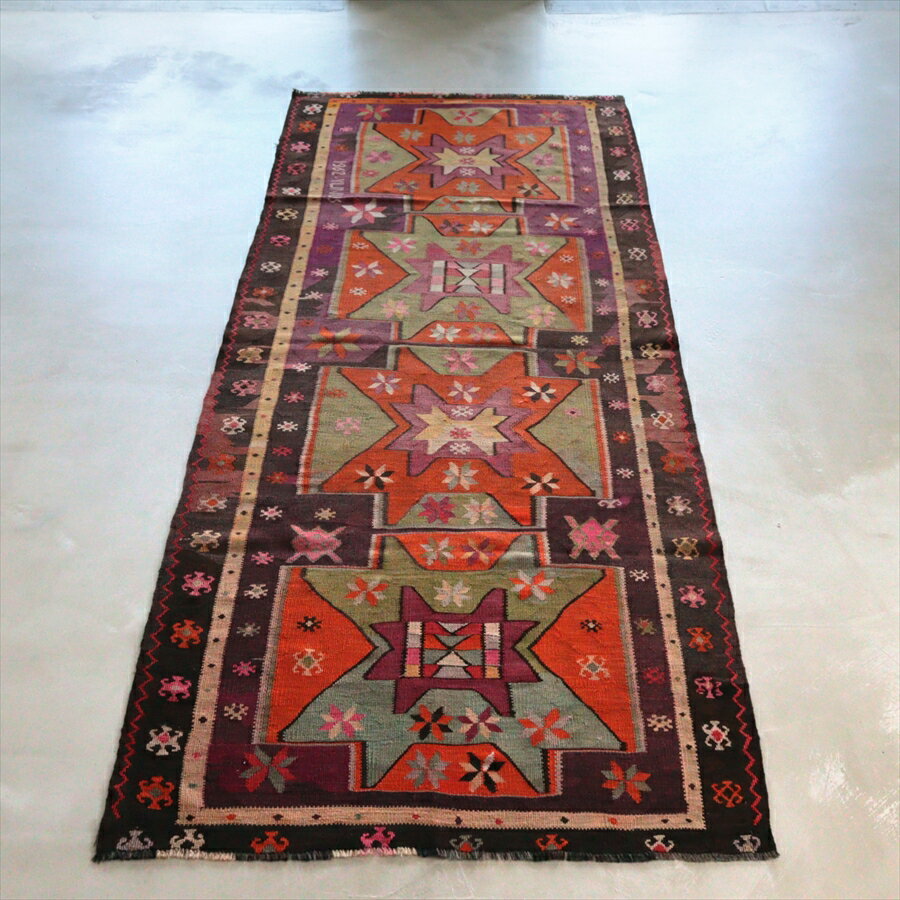 Rakuten - 【15%OFFクーポン対象】オールドキリム カルス 311×125cm 星形のメダリオンと幾何学模様