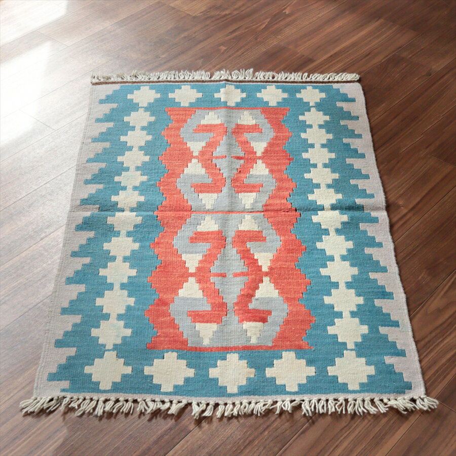 Rakuten - 【15%OFFクーポン対象】カイセリ産手織りキリム 115×75cm レッド＆ブルー トルコの手織りラグ