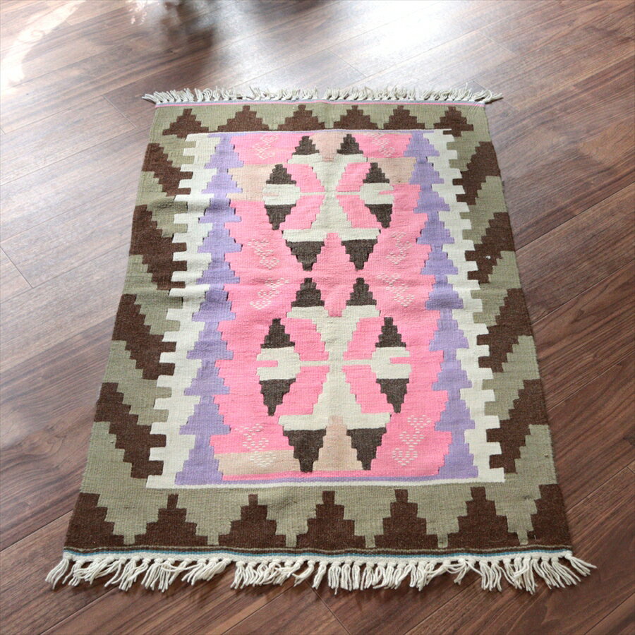 Rakuten - 【15%OFFクーポン対象】カイセリ産手織りキリム 113×72cm ピンク＆パープル トルコの手織りラグ