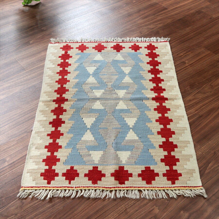 Rakuten - カイセリ産手織りキリム 雄羊の角 115×79cm ブルー＆グレー トルコの手織りラグ