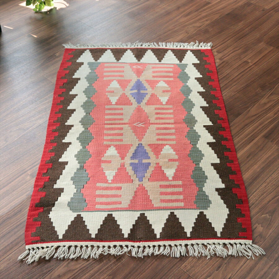 Rakuten - カイセリ産手織りキリム 127×82cm レッド トルコの手織りラグ