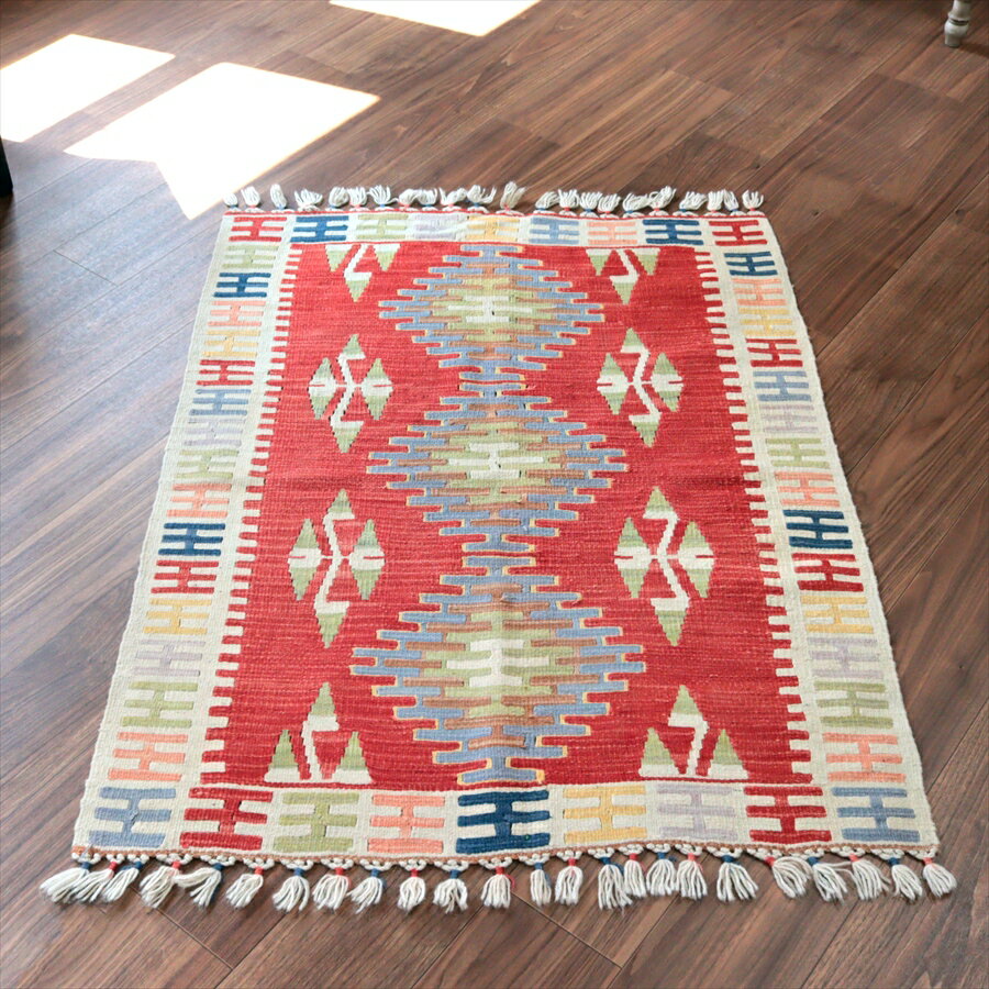 Rakuten - カイセリ産手織りキリム 117×89cm レッド＆ベージュ トルコの手織りラグ