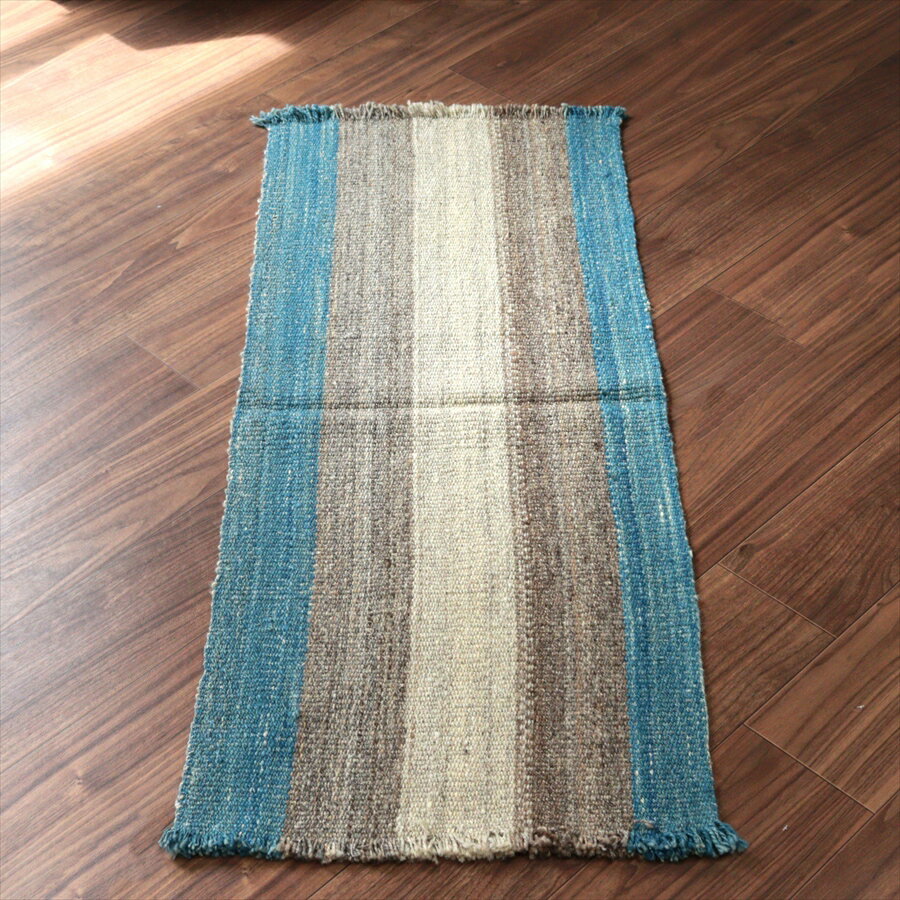 Rakuten - 【15%OFFクーポン対象】トルコの手織りキリム カルス 124×50cm ブルー＆グレー ストライプ