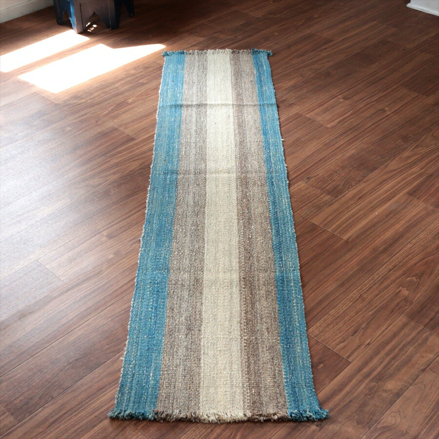 Rakuten - トルコの手織りキリム カルス 199×47cm ブルー＆グレー ストライプ
