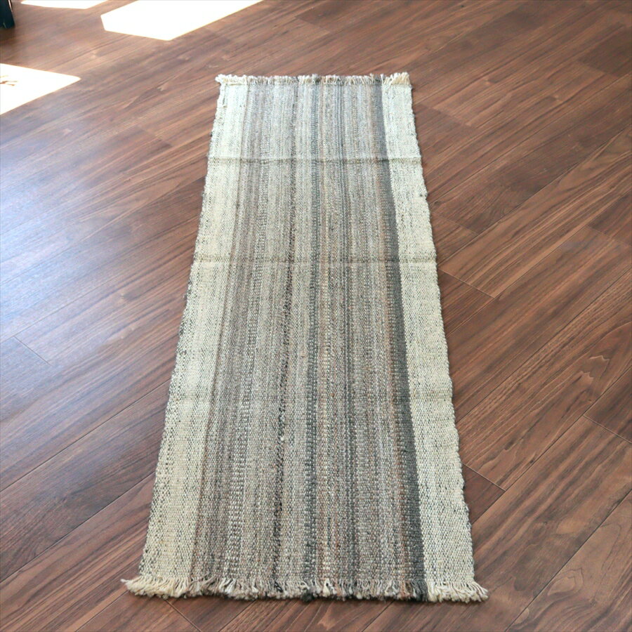 Rakuten - 【15%OFFクーポン対象】トルコの手織りキリム カルス 158×50cm ブラウン＆アイボリー ストライプ
