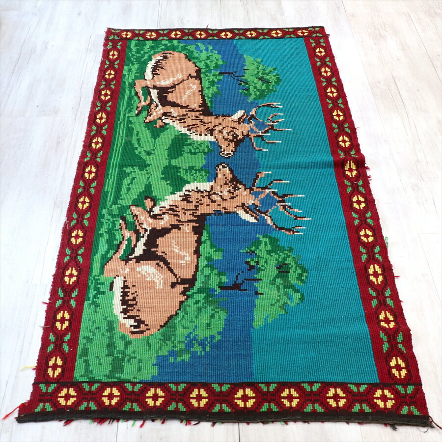 オールドキリム トルキッシュカラバー　タペストリー77×163cm向き合う二頭の鹿