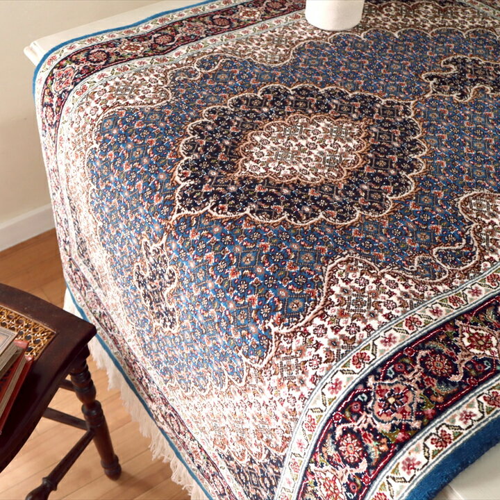 ペルシャ絨毯 タブリーズ産マヒ 玄関マット120×83cmトルコブルー / ネイビー メダリオン・マヒ 1