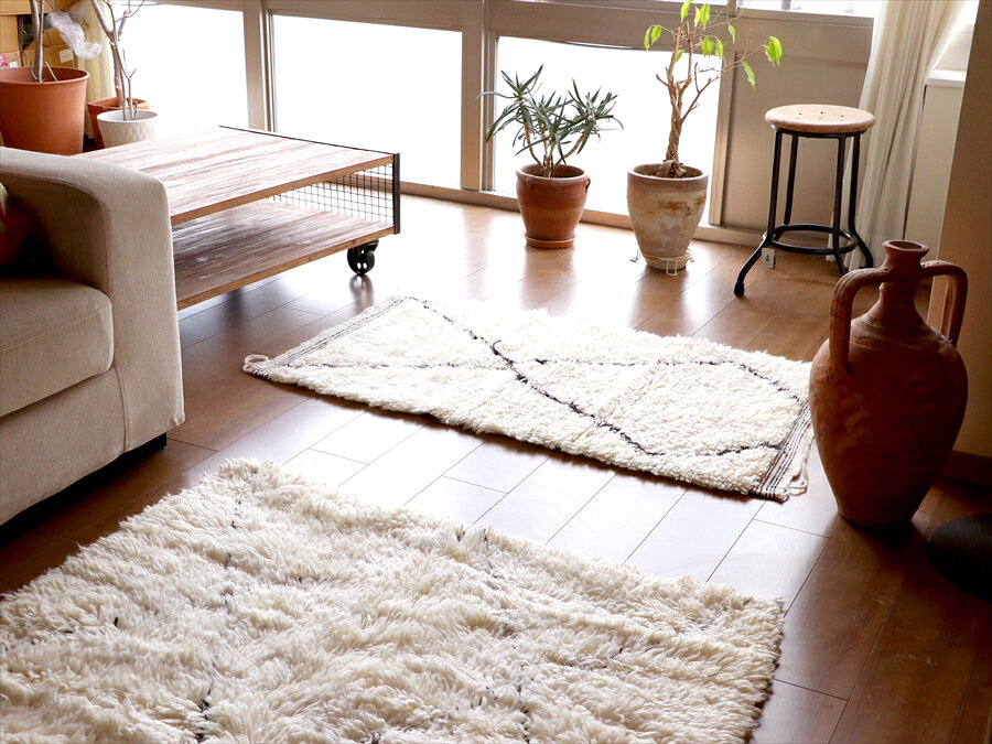 モロッコ エリアラグ ベニワレン 120×70cm ナチュラルアイボリー/ロングパイル Beni Ouaren Morocc [3]