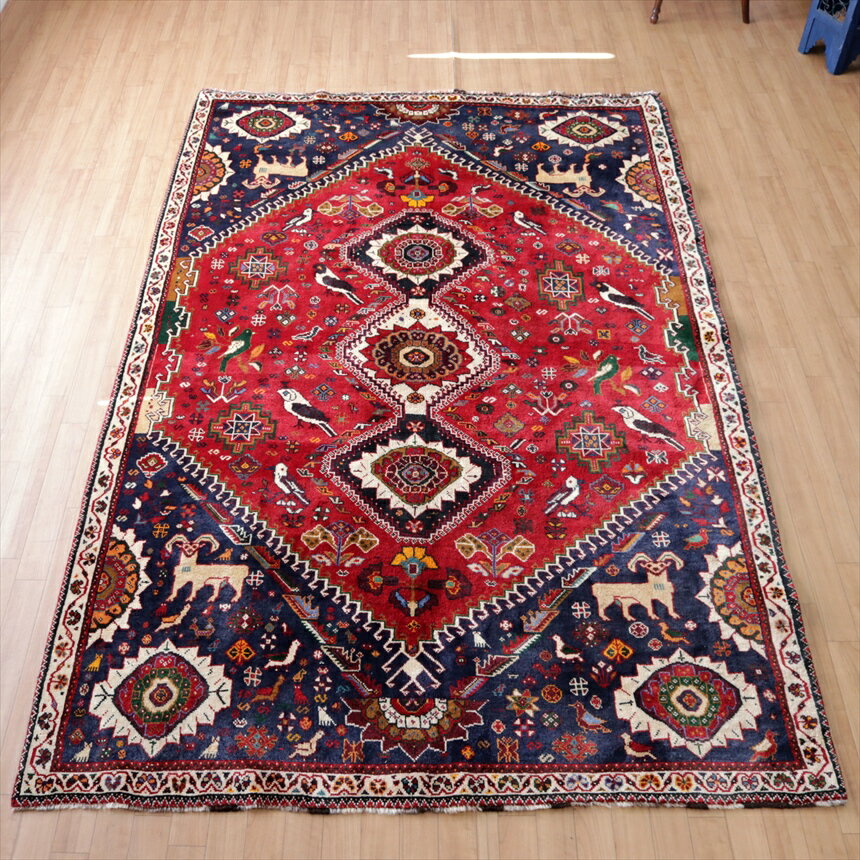 トライバルラグ カシュカイ族の手織り絨毯258×170cm赤い六角メダリオン 角のある雄羊