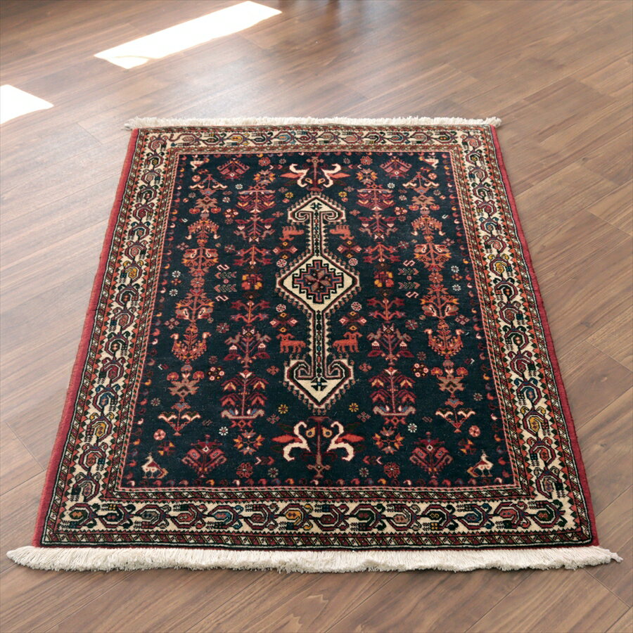 261 cm - 352 cm - 【15%OFFクーポン対象】イランの手織りラグ 花と動物 141×105cm ネイビー 部族絨毯