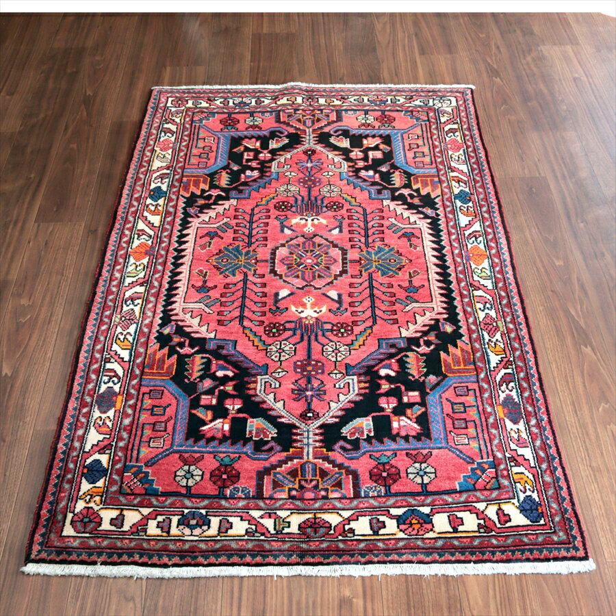 Rakuten - 【15%OFFクーポン対象】イランの手織りラグ トイセルカン 177×114cm メダリオンと小花 レッド＆ネイビー