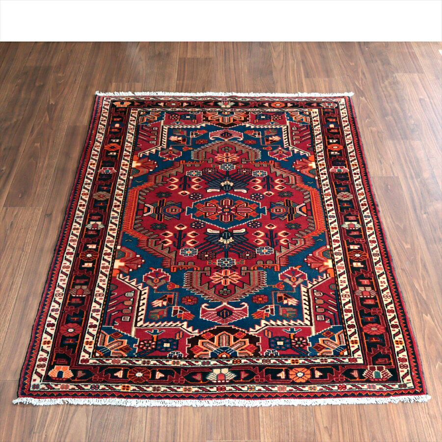 Rakuten - 【15%OFFクーポン対象】イランの手織りラグ トイセルカン 153×117cm メダリオンと小花 レッド＆ブルー