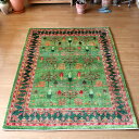 手織りラグ ギャッベ ギャベ・ルリバフ・リビングサイズ・細かな織りの伝統柄207x156cm グリーン・糸杉・動物モチーフ
