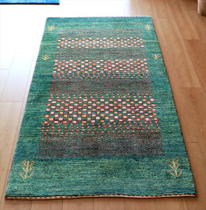 ギャッベ　カシュカイ族の手織り 200×152cm グリーン＆ナチュラルグレー
