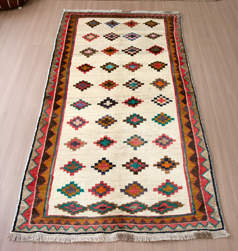 Rakuten - 【15%OFFクーポン対象】トライバルラグ　部族絨毯 ギャッベ 251×130cm 連なるダイヤ　イラン南部カシュカイ族