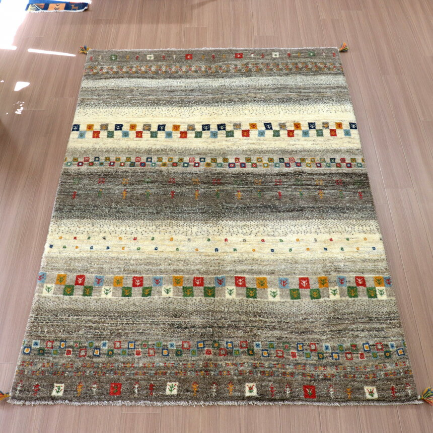 ギャッベ　イラン製　カシュガイ族手織り 224×158cm ナチュラルアイボリー　グレー　ストライプ
