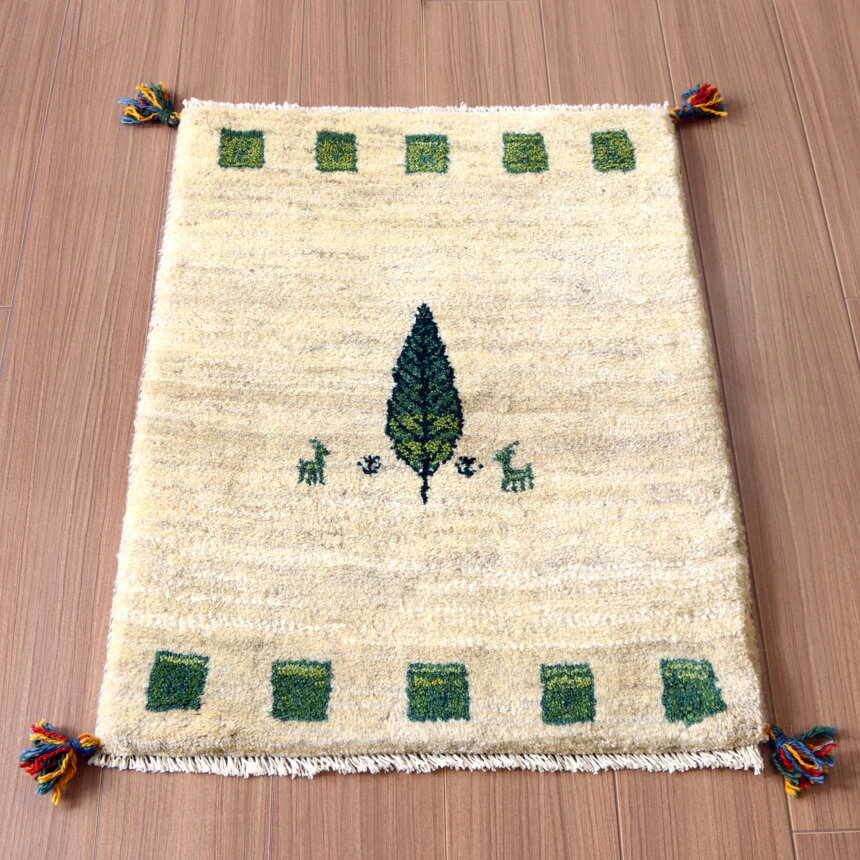 ギャッベ ふかふか 玄関マットサイズ 80×60cm 天然の羊毛の色 糸杉と動物