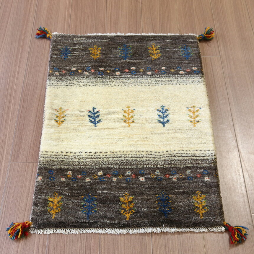 Rakuten - 【15%OFFクーポン対象】ギャッベ イラン産手織り 90×58cm アイボリー＆グレー　玄関マット