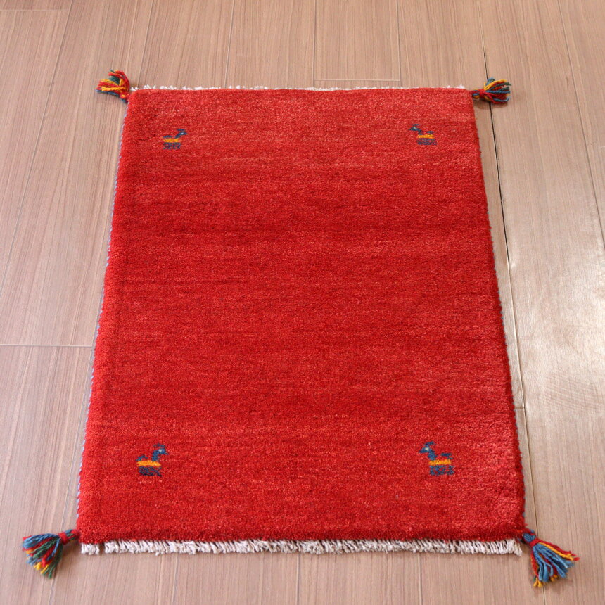 ギャッベ 手織り イラン産 88×58cm レッド シンプルモチーフ