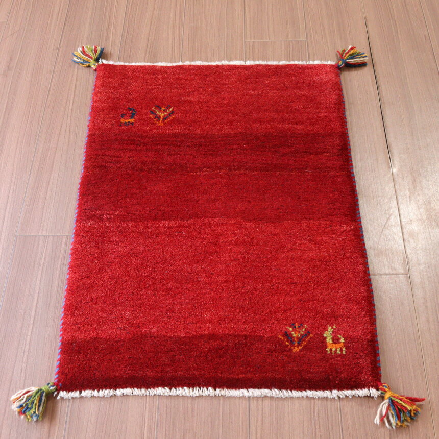 【15%OFFクーポン対象】ギャッベ 手織り イラン産 85×58cm レッド 動物と植物