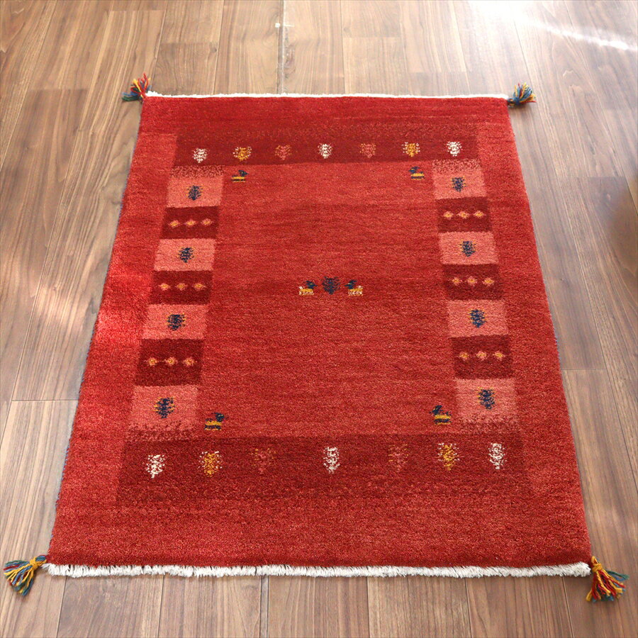 Rakuten - 【15%OFFクーポン対象】イランの手織りラグ ギャッベ 115×86cm レッド 動物と植物