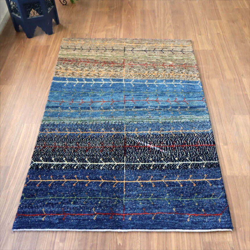 ギャッベ ノマド　 172×111cm ネイビー＆グレー　枝葉を伸ばす生命の木　イラン産手織り　Gabbeh Nomad