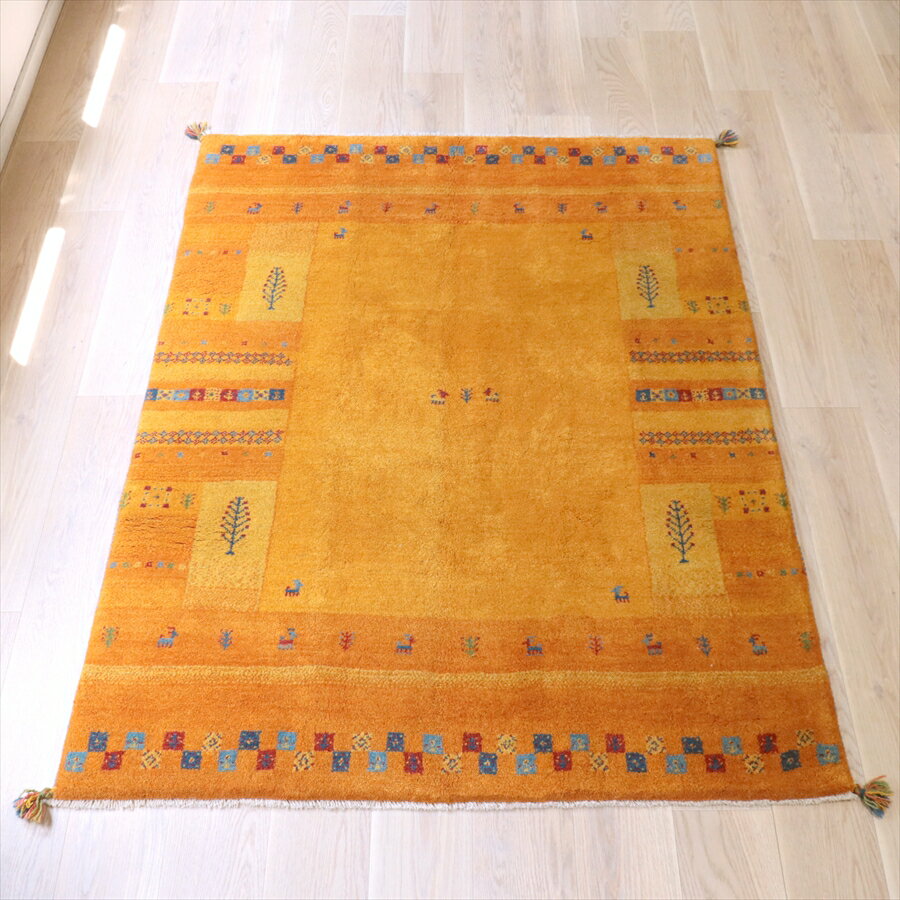 Rakuten - Gabbeh ギャッベ イエローオレンジ 195×148cm 生命の木と動物　イラン産 手織りギャッベ