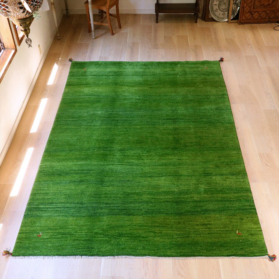 Rakuten - ギャッベ イラン産手織りラグ 300×200cm グリーン　シンプル　無地