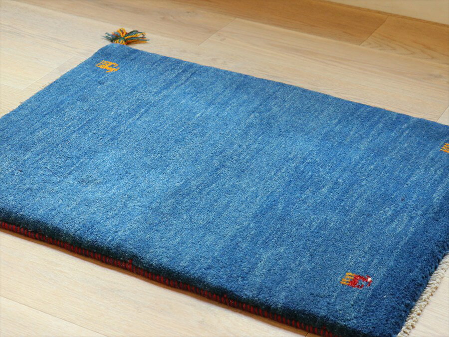 ギャッベ イラン産手織り 90×65cm ブルー 青 無地 シンプル [3]