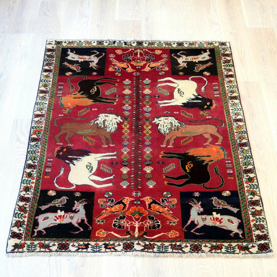 Rakuten - ライオンラグ オールドギャッベ 部族絨毯 164×125cm 6頭のライオン