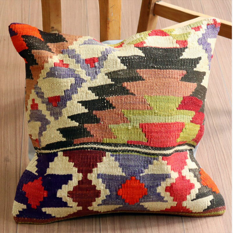 オールドキリム クッションカバー 40×39cm ジグザグのダイヤ・イーブルアイとドラゴンの爪 Old Kilim C..