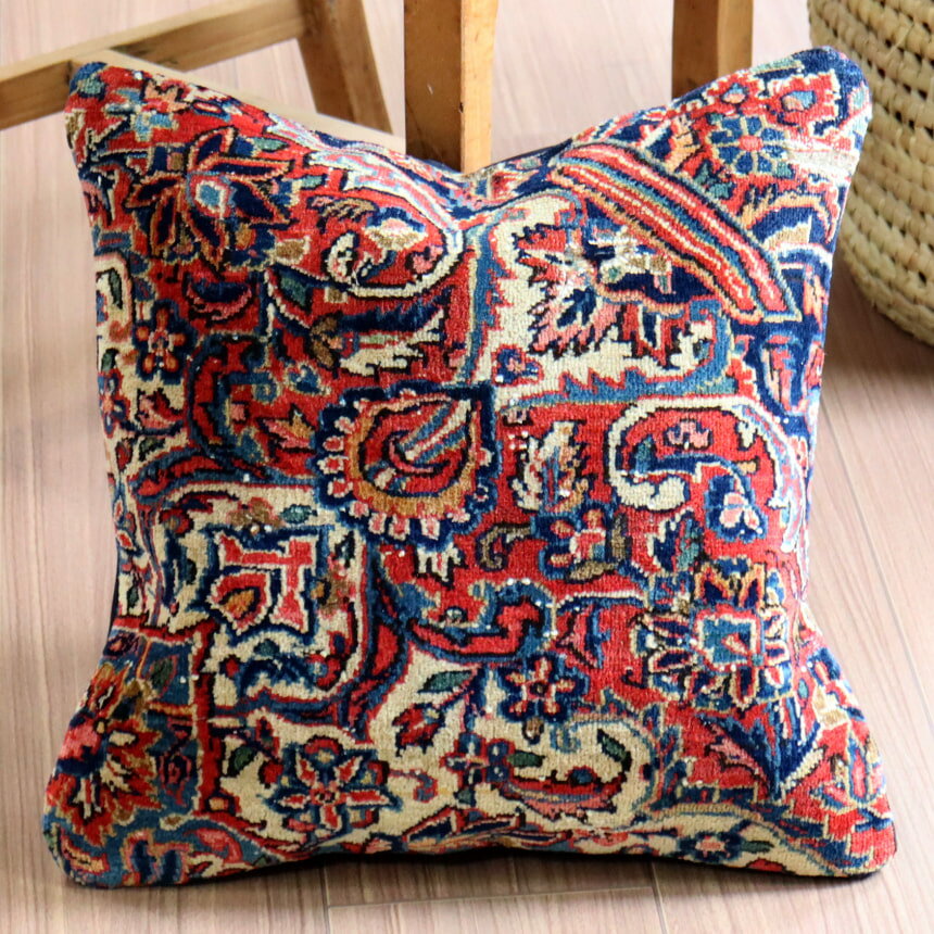 【15%OFFクーポン対象品】クッションカバー ヴィンテージ パイル織り 40×39cm トルコ絨毯・ヘレケ 細かなフラワーデザイン