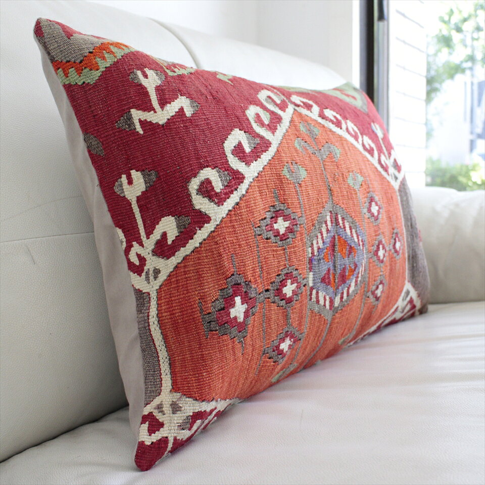 オールドキリムクッションカバー・長方形・枕型・ビッグピロー Old Turkish Kilim Cushion トルコのウール手織りキリム59×40cmドラゴンの白い爪 [2]