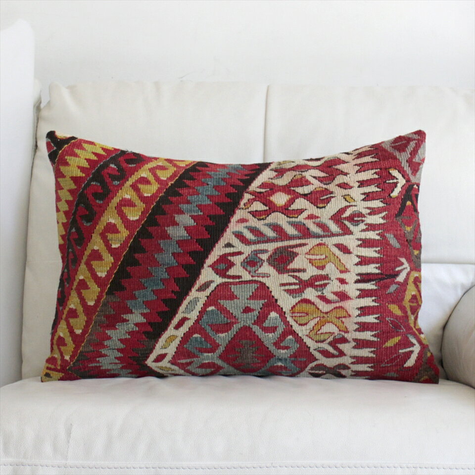 オールドキリムクッションカバー・長方形・枕型・ビッグピロー Old Turkish Kilim Cushion トルコのウール手織りキリム60×40cmアイドゥン