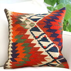 キリム kilim クッションカバー 40×40cm アンタルヤ オレンジのジグザグ イーブルアイとドラゴンの爪