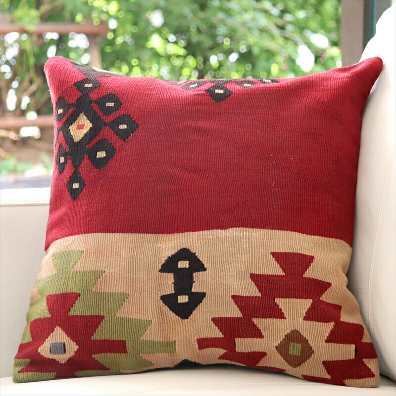 クッションカバー 40×40cm キリム ウール 手織り Turkish Kilim Cushionシャルキョイ ボルドー