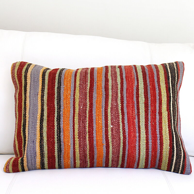 【15%OFFクーポン対象】オールドキリムクッションカバー 長方形・枕型ビッグピロー Lumbar Pillow 60x40cm シンプルなボーダー