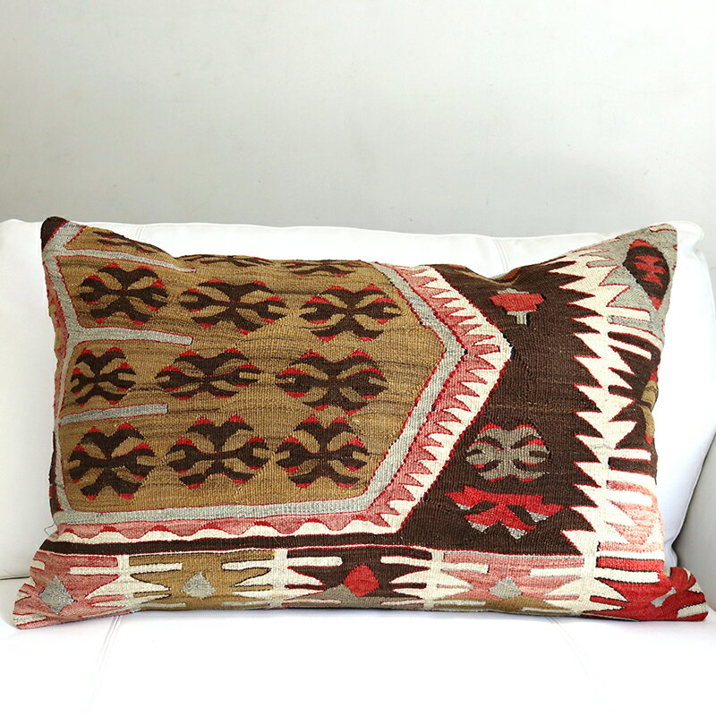 オールドキリムクッション・長方形ビッグピロー Turkish Old Kilim Cushion 74x47cm サンドゥクとオオカミの足跡