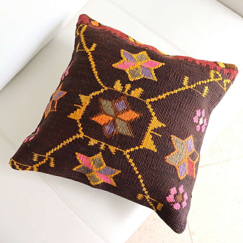 【15%OFFクーポン対象品】オールドキリム クッションカバー 40cm /Old Kilim Cushion 黄色のラティス/カルス